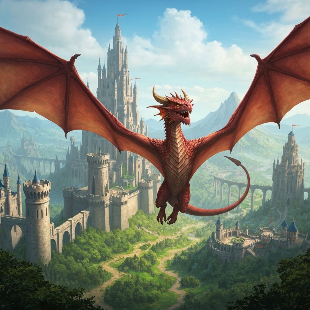Dragon flying over kingdoms